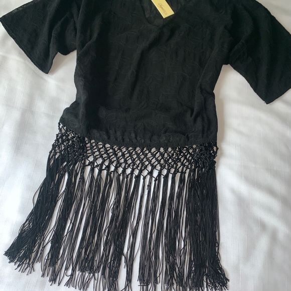 NWT fun black sheer blouse with fringe, XS & M - Picture 2 of 5